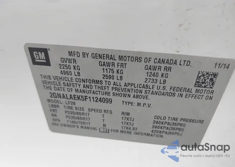 2015 Chevrolet Equinox Ls из США, поврежденный, VIN 2GNALAEK5F1124099